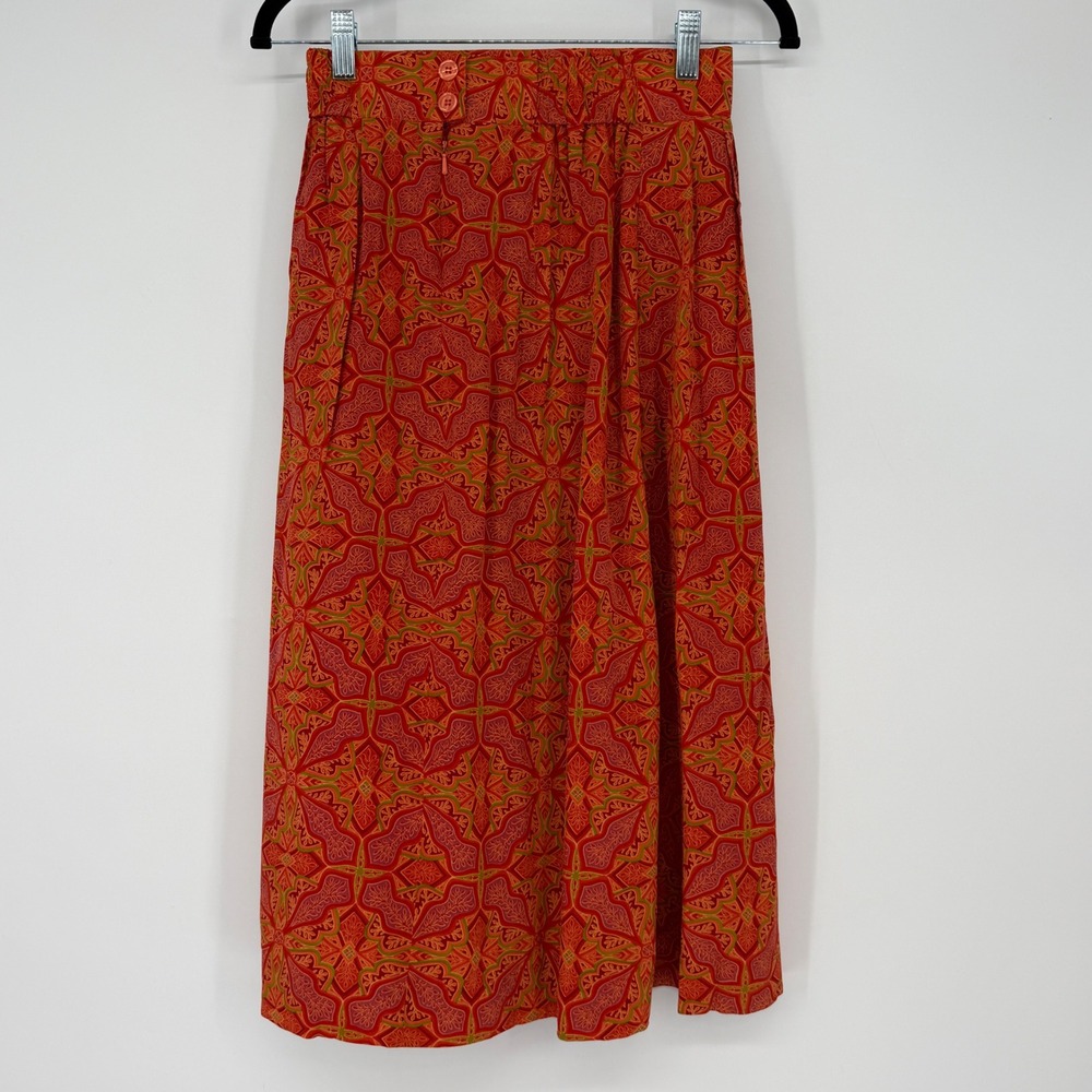 Evan-Picone Vintage 100% Silk‎ Midi Skirt Red Orange Geometric Print Size 4